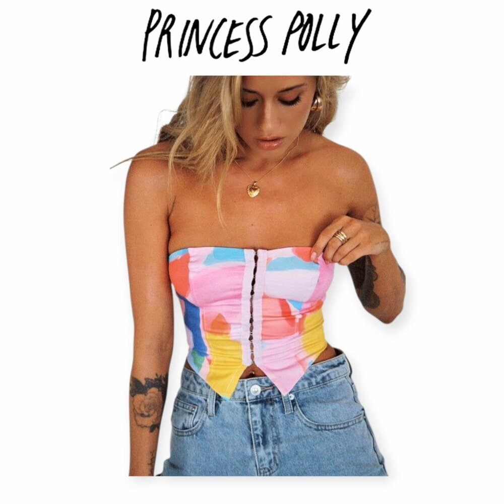 Princess Polly Multicolor Abstract Strapless Button-Front Crop Top